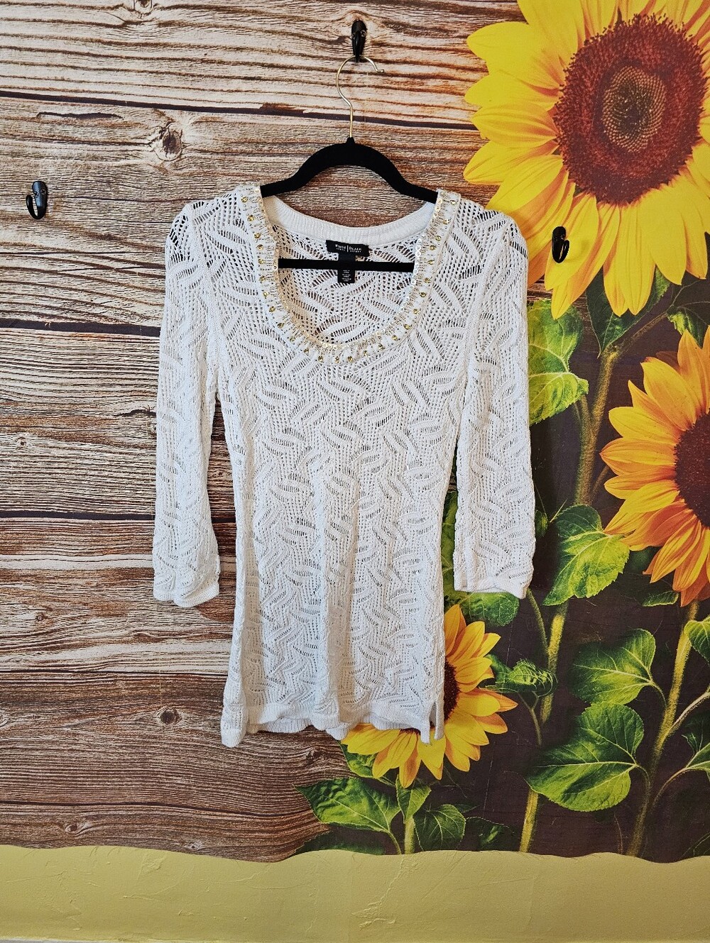 White House Black Market White Open-Knit Scoop Neck Top with Beaded Trim